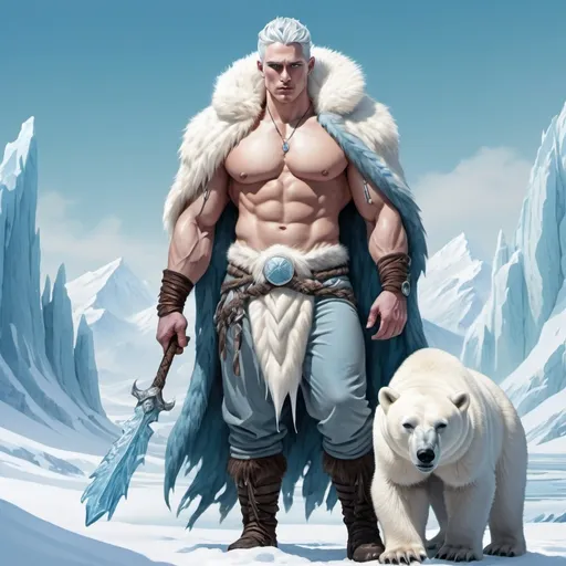 Prompt: Full body, Fantasy illustration of an the male god of winter and wilderness, muscular, celestial, pale skin-color, icy white-blueish braided hair, grim expression, wearing a polar bear fur,  icicles, snow and hunting gear, majestic pose, in a Beautiful winter landscape, vibrant colors