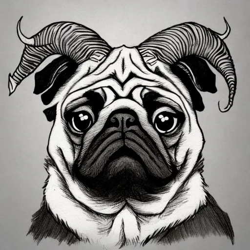 Prompt: Draw a pug with goat horns and goat hooves