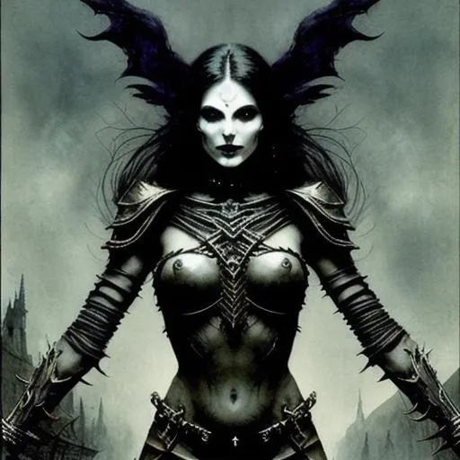 Prompt: warrior wraith mistress of death looking back over shoulders, portal to another world, sultry, athletic body, high fantasy, Grotesque, dark skeletal figure, skeletal face, skeletal claws, sunken eyes, blood red lips, undead, by Brian Froud, Luis Royo, Alan Lee, Alex Gray, perfect composition, approaching perfection, perfect symmetry, divine ratio, concept art, digital painting, ethereal, demonic backlight, 3d render, realistic, octane render, 4k, close up, extremely detailed, cinematic, 50mm, trending on artstation, sharp focus, studio photo, intricate details, highly detailed, story book style, muted colors, watercolor style