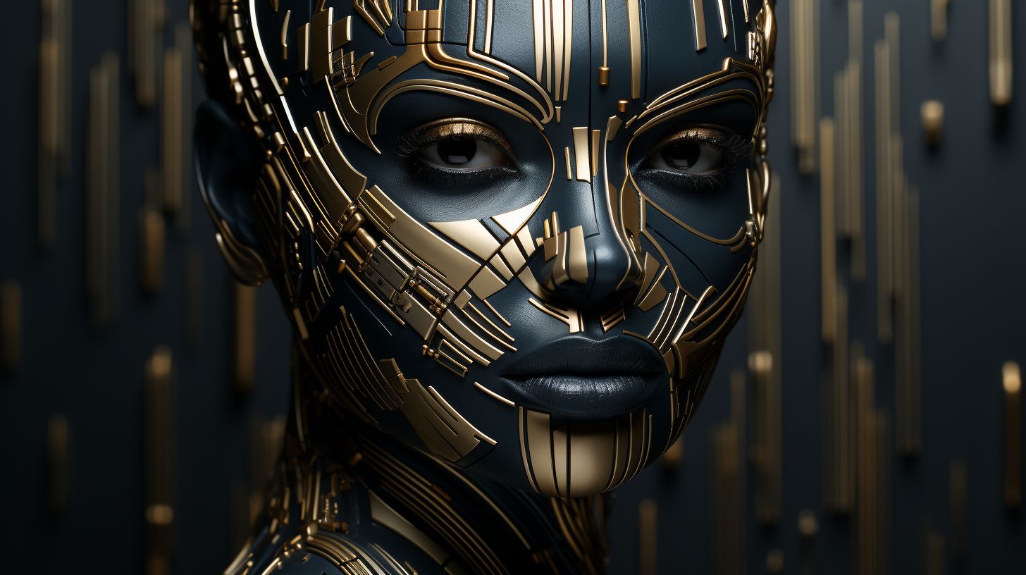 Prompt: Digital art of a face patterned with stripes, where the surface mirrors chrome reflections. The scene is enhanced by quantum wavetracing, offering a unique visual experience. The backdrop blends light bronze and dark blue, alluding to a multimedia installation with strong futurist influences. Certain features stand out with selective focus.