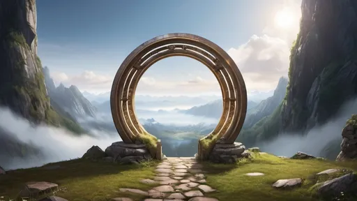 Prompt: circular portal, gateway between realms, ring, ring standing on edge, freestanding ring, complete ring, panoramic view