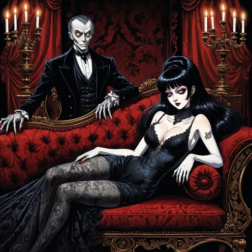 Prompt: Junji Ito manga style, Elvira Mistress of the Dark lying on her side on a Chaise Lounge with Lionel Atwill next her), baroque style, dark color scheme, elegantly gothic attire, intricate details, dim lighting, dramatic shadows, opulent background, luxurious textures, ornate furniture, deep reds and blacks, baroque patterns, solemn atmosphere, rich color tones, dark romanticism, ultra-detailed, 4K, photorealistic masterpiece, timeless elegance.