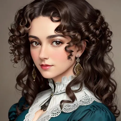 Prompt: An attractive 35 year old woman with very curly hair, elegant, Victorian era, 18th century, facial closeup