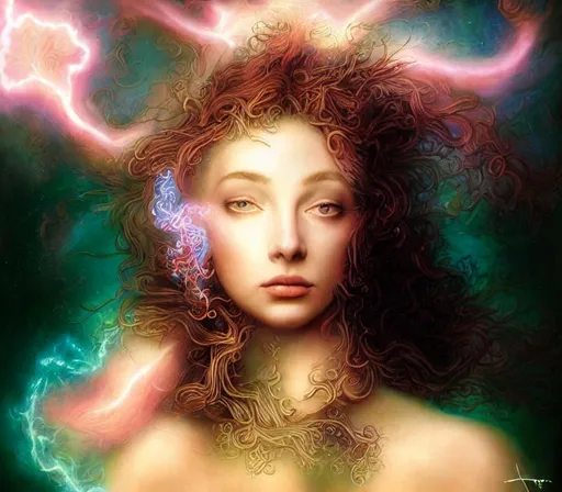 Prompt: divine, ultra-detailed ultra-realistic head upper torso portrait, bioluminescent prismatic opaline, Pixie intricately detailed dramatic intense thunderstorm lighting, ultra-detailed, fantasy graphic fine art illustration digital airbrush painting, opaline bioluminescent Brian Froud, look straight ahead
