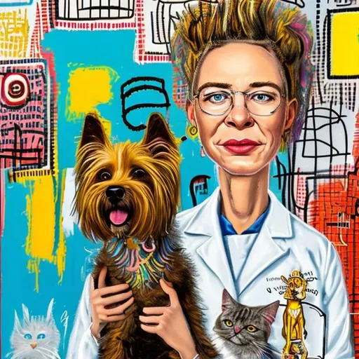 Prompt: a happy white female veterinary technician surrounded with dogs and cats, detailed eyes, pastel colors, against a background of a blurred pet clinic, luxury, jean michel basquiat  style art paintings.
