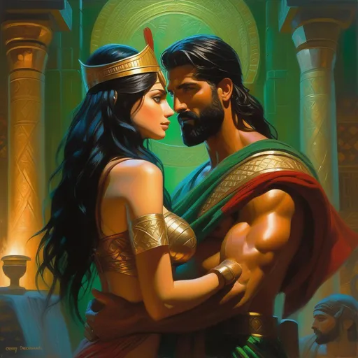 Prompt: King Leonidas impregnating Babylonian girl, pale skin, black hair, green eyes, Babylon at night, warm atmosphere, cartoony style, extremely detailed painting by Greg Rutkowski and by Henry Justice Ford and by Steve Henderson 

