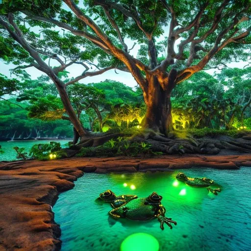 Prompt: beautiful island with massive trees with glowing frogs in them