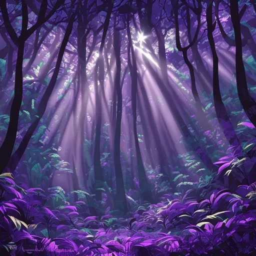 Prompt: a dark and purple beautiful forest with sunrays shining through the leaves. cartoony digital art