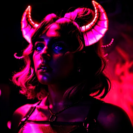 Prompt: beautiful female demon, hell, demonic, vaporwave, retro, neon, aesthetic, liminal, high quality, high definition, beautiful, dramatic lighting