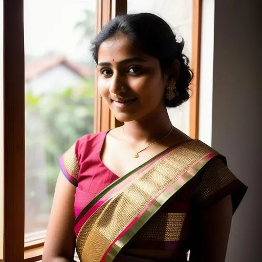 Prompt: portarit, North east Indian girl, attarctive, age 25, slim, short dark hair, subtle smile, traditional textured attire, muted colours, standing three quarters to the viewer, looking directly at viewer, indoor, home, high contrast, cinematic lighting, smooth rendering, subtle haze, diffused day light coming from window on frame left, high resolution, photo realistic, high detail