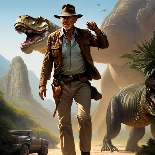 Prompt: ultra realistic illustration for movie starring {Harrison Ford} entitled 'Indiana Jones in the Valley of  the T-Rex', intricate, elegant, highly detailed, digital painting, artstation, concept art, smooth, sharp focus, illustration, art by artgerm and greg rutkowski and drew struzan