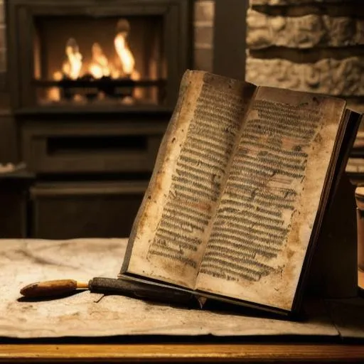 Prompt: A portrait of an ancient manuscript sitting on a table in a small kitchen in front of a fireplace
