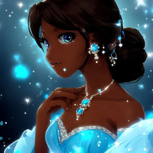 Prompt: Anime, Princess, Blue eyes, Blue Ballgown, Blue Topaz earrings, brown skin, HD, 4k, High Quality, Effects.