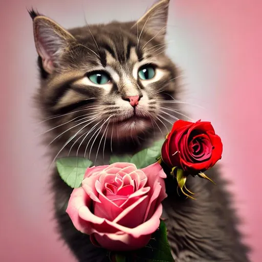 Prompt: Cat with Rose in his mouth
