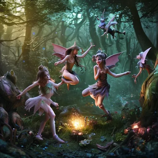 Prompt: splash art, mischievous fairies, woodland scene, action shot, dark neon light, special effects,