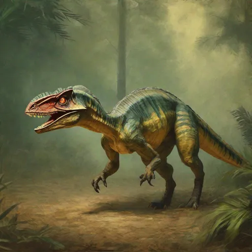 Prompt: Dilophosaurus, camouflaged, very good at hiding, Minor Illusion, masterpiece, best quality, in tonalism art style