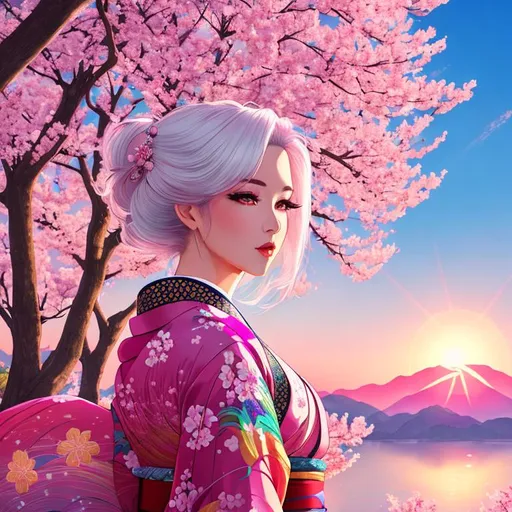 Prompt: nsfw,draw me a beautiful girl wearing a multicolored kimono looking off at the sunrise. retrowave aesthetic, white hair, colorful, sakura tree, high resolution background,