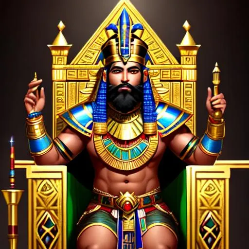 Prompt: A dark skin male Dwarven Pharoah wearing gold and blue and green and red ancient Egyptian/Roman style pharoah's armor sitting on a gold throne in a pyramid. red hair, green eyes, lots of gold jewelry and black egyptian style makeup, red dwarven beard.