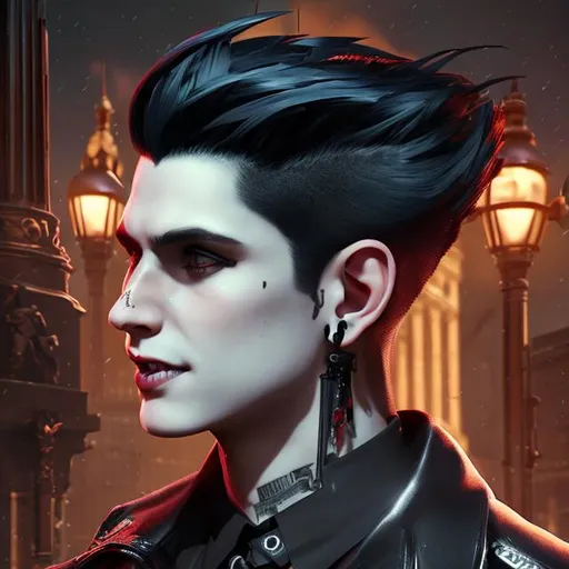 Prompt: beautiful mid-twenties goth young french male, handsome, smile, long black hair shaved sides, art deco berlin, portrait, realistic details, photorealistic, 8k render, cinematic lighting, ultra detailed