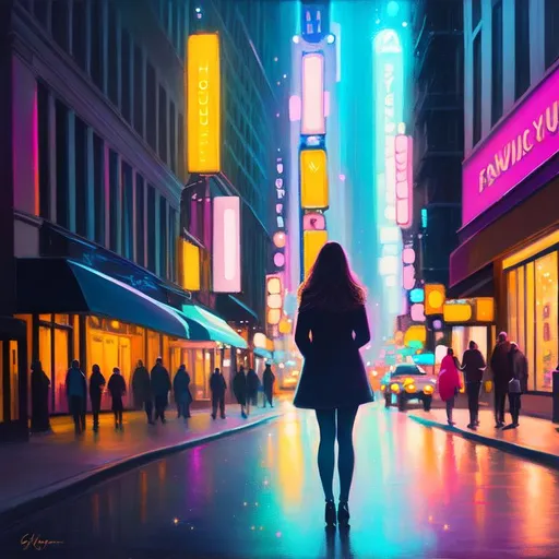 Prompt: painting of a woman, nighttime, New York City street, galaxy, soft light, pastel colors, muted color scheme, art, painting, sweet, fireflies