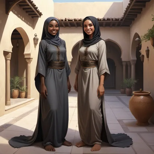 Prompt: Full body, Fantasy illustration of 2 young female maids, one black skinned the other oliv skinned, dark Grey djellaba, friendly expression, smiling, high quality, rpg-fantasy, detailed, in a Arabian style courtyard