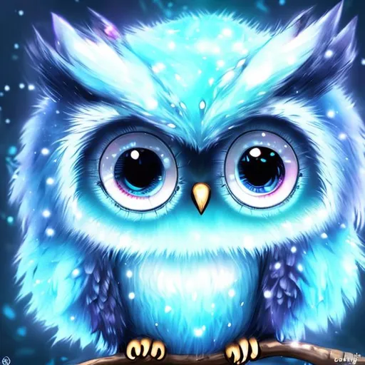 Prompt: "a cute mischivieus ice blue owl fluffy with reflective eyes, chibi,lps,reflective eyes, cute, anime, pretty, elegant, fuzzy, forest background, iridescent,photorealistic
