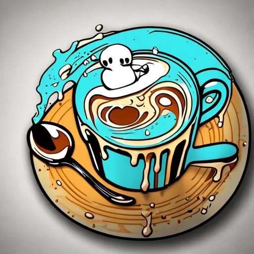 Prompt: cartoon style vinyl record dripping into a coffee cup