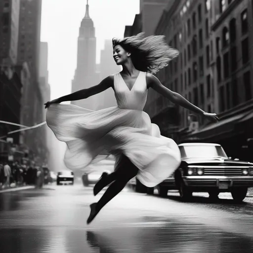 Prompt: A vintage black and white photo of a model gracefully leaping over a rain-soaked puddle in the bustling streets of New York City, her long flowing dress rippling in the wind.