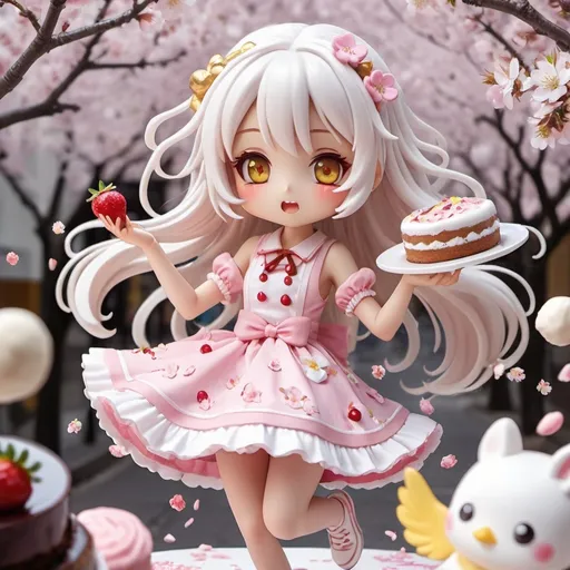 Prompt: kawaii dessert theme chibi girl in a cherry blossom dessert themed cute very detailed flowy lolita dress with long flowy silver white hair and galaxy yellow golden eyes with candy on it doing dynamic poses in an interesting birds eye view perspective with cherry petals falling and the girl near a cafe holding a slice of strawberry pocky stick cake jumping in the air in a tilted dynamic composition