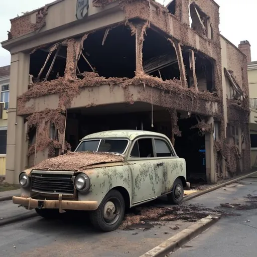 Prompt: an krashed kar into an building