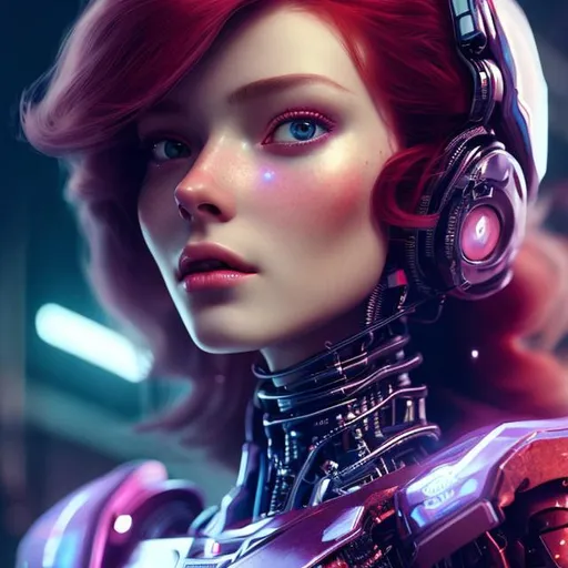 Prompt: a beautiful robot red head woman, feminine look, soft skin, retro like, octane rendered 4k, hyperrealism, highly detailed, futuristic look, cinema 4k, lots of details, blue and purple background with stars, epic look, portrait --ar 9:16