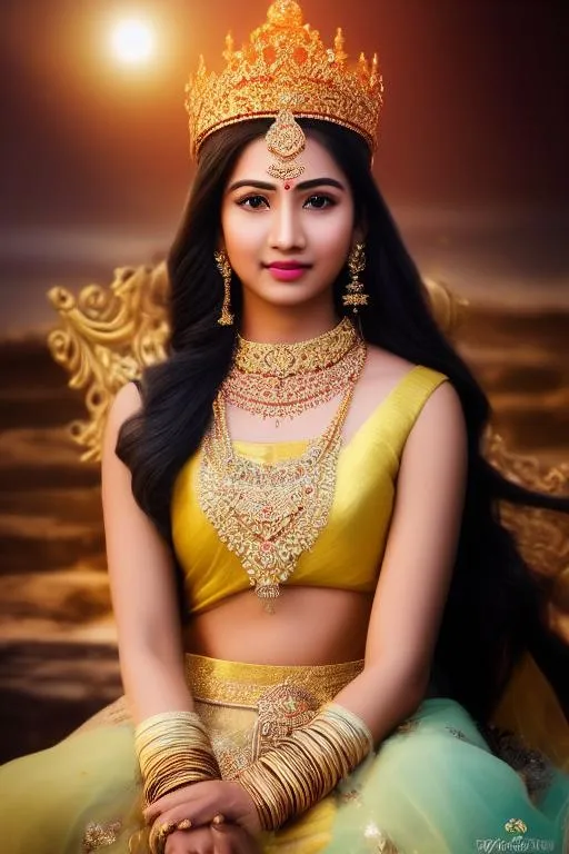 Prompt: full-potrait beautiful North East Indian beauty ,Fantasy style, a hyper realistic detailed image of a celestial feminine woman, hands on the lap, thick muscular body, looking straight ahead, body facing camera, camera top third of image, perfect composition, super detailed, sharp focus HDR, UDR, 120k, square jaw,wearing crown on head beautiful amber eyes, wearing ornaments and smoke effects, Oil painting, in Highly detailed, Sharp focus, trending on artstation, Perfect anatomy, Studio photo, Rich color, Sensual, Fantasy, Photorealistic, Ultra detailed, Vibrant lighting, Realistic textures, Beautiful face, Cute Eyes, Fine details, Intricate details, Full body, Hyperrealistic, Shine, Full figure, Supermodel,8k, UHD, HD
