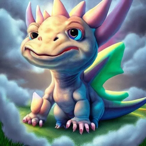 Prompt: A baby pet dinosaur with a cute adorable face with big bubbly eyes playing with a pencil in the clouds dreamy unreal clouds with rays of sunlight cute baby style 