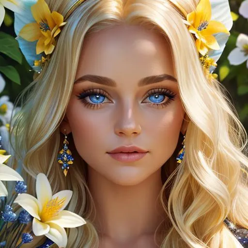 Prompt: Pixie dust princess, long blonde hair, sapphire eyes, yellow flowers in her hair,  facial closeup