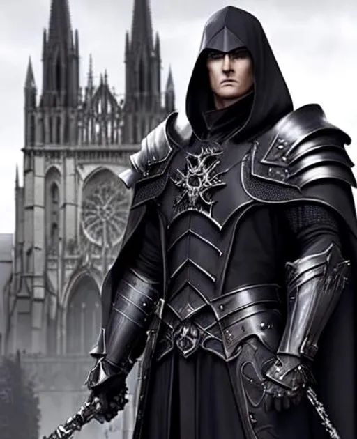 Prompt: Gothic Art Style, Cathedral Background, Armor, Man, Villian, realistic, Character Concept, 