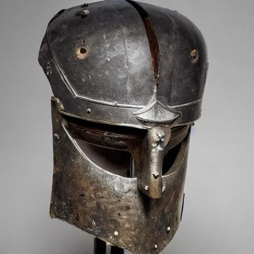 Prompt: Ancient warrior's helmet worn in battle