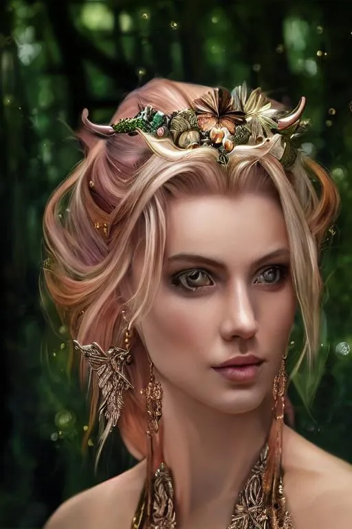Prompt: hyper realistic oil portrait of a beautiful woman, blonde and pink hair with copper horns on head, hyper detailed, intricately detailed, ((forest background)), wearing copper body accessories, splash style of dark fractal paint, contour, hyperdetailed intricately detailed , unreal engine, fantastical, intricate detail, splash screen, complementary colors, fantasy concept art, 8k resolution, deviantart masterpiece, oil painting, heavy strokes, paint dripping, splash arts, ultra details, by John William waterhouse
