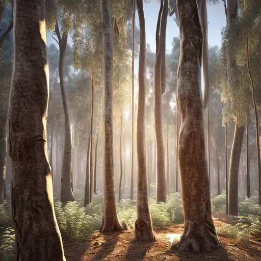 Prompt: 3d realistic render, Soft lighting, eucalyptus tree, shedding bark, close up, background blurred forest.
