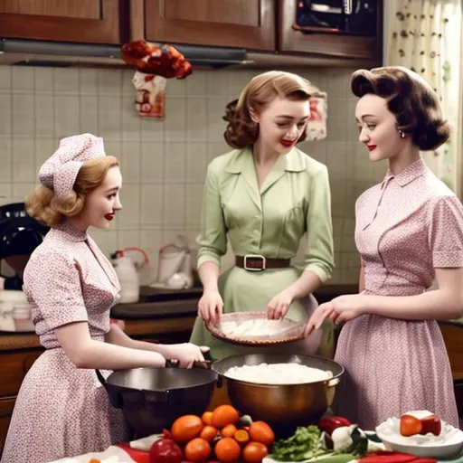 Prompt: Saoirse Ronan and Olivia Cooke in the roles of 1950s era housewives cooking as a massive meal that they spent all night making for their friends and family