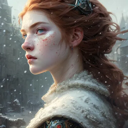 Prompt: Closeup face portrait of a battle worn 15th century scottish lady with red hair and green eyes smooth soft skin, small shallow eyes, beautiful intricate colored hair, symmetrical, snowing, soft lighting, detailed face, by makoto shinkai, stanley artgerm lau, wlop, rossdraws, concept art, digital painting, looking into camera