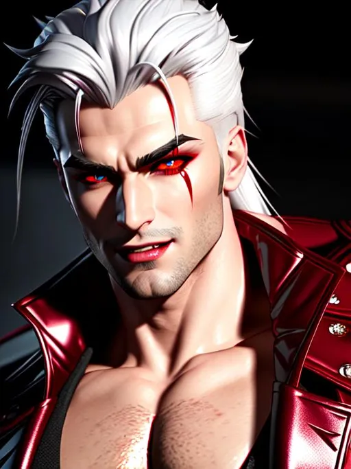 Prompt: ((3D render)), ((best quality)) Splash art masterpiece of seductive masculine top-down crazy modern vampire man with ((hyperdetailed white silky hair)) and ((hyperdetailed bloodshot red eyes)) and beautiful hyperdetailed masculine attractive sharp face and nose and big lips, ((white skin)), red shy blush with grin, blood dripping down lips and body, red blood, backlit, ((intricately hyperdetailed yellow modern thin mesh suit)) with deep cleavage and visible abdominal muscles, abs, toned body, barely any clothing, mesh dress, ((seductive crazy grin face)), looking up at camera, standing jojo pose, looking down perspective, bokeh background, cinematic glamour lighting, backlight, action shot, intricately hyperdetailed, perfect face, perfect body, perfect anatomy, hyperrealistic, sharp focus, epic dark fantasy, glamour, volumetric studio lighting, triadic colors, occlusion, ultra-realistic, 3d lighting, beauty, sensual masculine romance, professional, sensual feminine, perfect composition, unreal engine 8k octane, 3d lighting, UHD, HDR, 8K, render, HD, trending on artstation, front view, (((huge breast))), ((sexy)) cleavage, fangs, Bride, Curse of Strahd, slutty, wounded, blood, vampire, fangs black leather, black latex