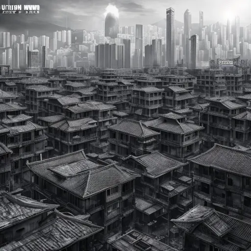 Prompt: monochrome, urban warfare, modern, kowloon walled city, battle, combat, military, soldier, scifi, roof tops, night