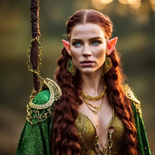 Prompt: high-resolution, Headshot, Realistic, Young adult, Pretty Elf woman, light freckles dark red hair, Gold earrings, face tattoo, green robe with chain mail, mage, witch, Wizard, Elf, Elven, High Fae, Fae, 4k, 128k UHD HDR, High quality, Concept art style, Video game style, perfect eyes, perfect face, Lord of the rings, Game of thrones, World of war craft, high resolution eyes