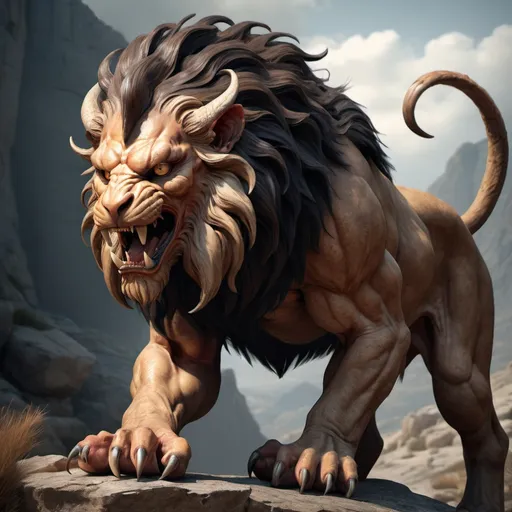 Prompt: Photorealistic depiction of a manticore from Greek mythology, avoiding cartoonish exaggeration. Focus on the raw emotion in its face, and the texture of its weathered skin, amidst a desolate Greek landscape. Exclude modern elements, ensuring no anachronisms dilute the ancient aura. Inspired by the chiaroscuro technique of Caravaggio, aiming for a composition that balances intense light and deep shadows, capturing a moment of solitude and introspection, trending on ArtStation.