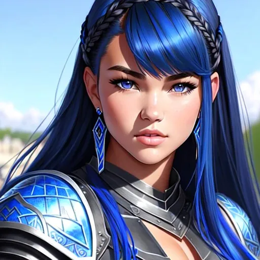 Prompt: Paris Berelc, 17 years old,  in outdoor villiage, wearing blue holy armor, parted bangs, blue hair with highlights, brown eyes, ethereal, jewelry set balayage wild hair, royal vibe, highly detailed, digital painting, Trending on artstation ,tan skin, HD quality, Big Eyes,artgerm, by Ilya Kuvshinov 