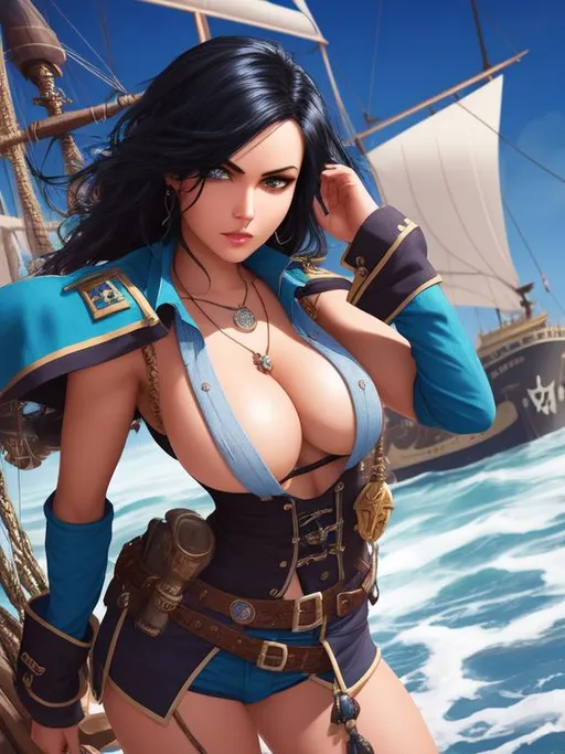 Prompt: ombre blue-black hair, pirate captain, girl, fantasy, daunting, intimidating, serious, cruel, mole under eye, docked galleon ship in background, bodacious, mole on body, fullbody, ((full body)) {{good looking}} {{cute}} {{good body}} {{tight}}, symmetrically colored hair, {{shadows}},
