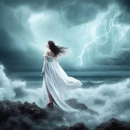 Prompt: A fantasy woman wearing a white dress standing infront of a huge ocean with rain and rainy clowds