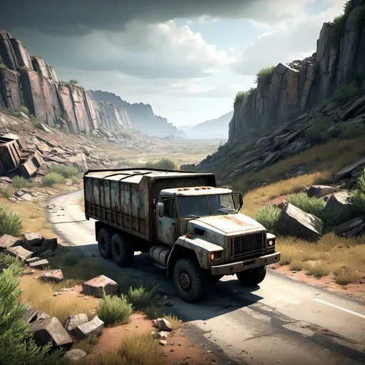 Prompt: Post-apocalyptic, abandoned lorry in desolate rocky desert, overgrown road, The Last of Us style, highres, detailed, video game style, desolate, rocky, abandoned lorry with broken wheel, overgrown road, apocalyptic, post-apocalyptic, detailed environment, atmospheric lighting, gritty, abandoned, professional rendering, seen from distance and above