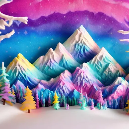 Prompt: Lisa frank style snowy mountain diorama 