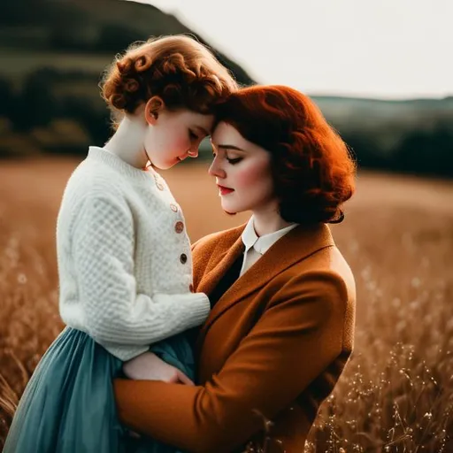 Prompt: mother have brown curly hair,pale skin , with her red haired daughter,1960s aesthetic, British landscape , high quality, 4k, details ,vintage ,analog filter, perfect composition, hyperrealistic, super detailed, 8k, high quality, trending art, sharp focus, intricate details, highly detailed